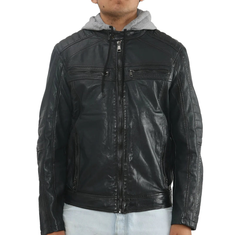 Men's Hooded Biker Lamb Leather Jacket-TruClothing
