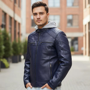 Men's Hooded Biker Lamb Leather Jacket-TruClothing