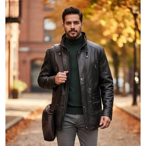 Men's Lambskin Leather Mid Length Jacket-TruClothing