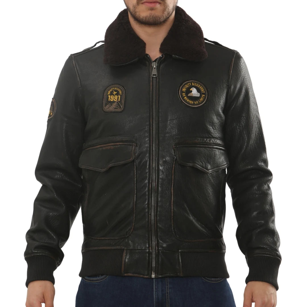 Men's Leather Bomber Jacket Fur Collar Aviator Coat-TruClothing