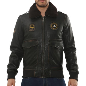 Men's Leather Bomber Jacket Fur Collar Aviator Coat-TruClothing