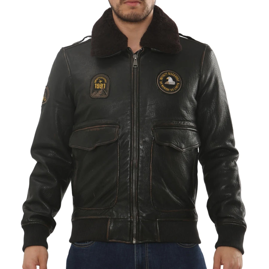 Men's Leather Bomber Jacket Fur Collar Aviator Coat-TruClothing