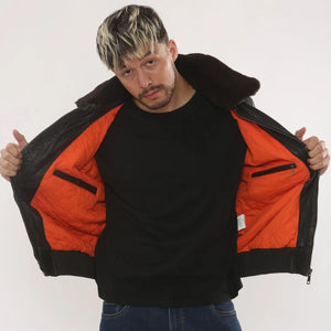 Men's Leather Bomber Jacket Fur Collar Aviator Coat-TruClothing