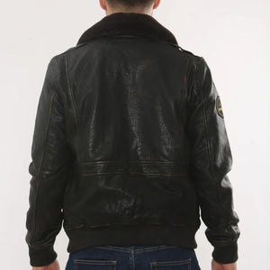 Men's Leather Bomber Jacket Fur Collar Aviator Coat-TruClothing