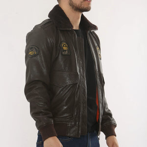 Men's Leather Bomber Jacket Fur Collar Aviator Coat-TruClothing