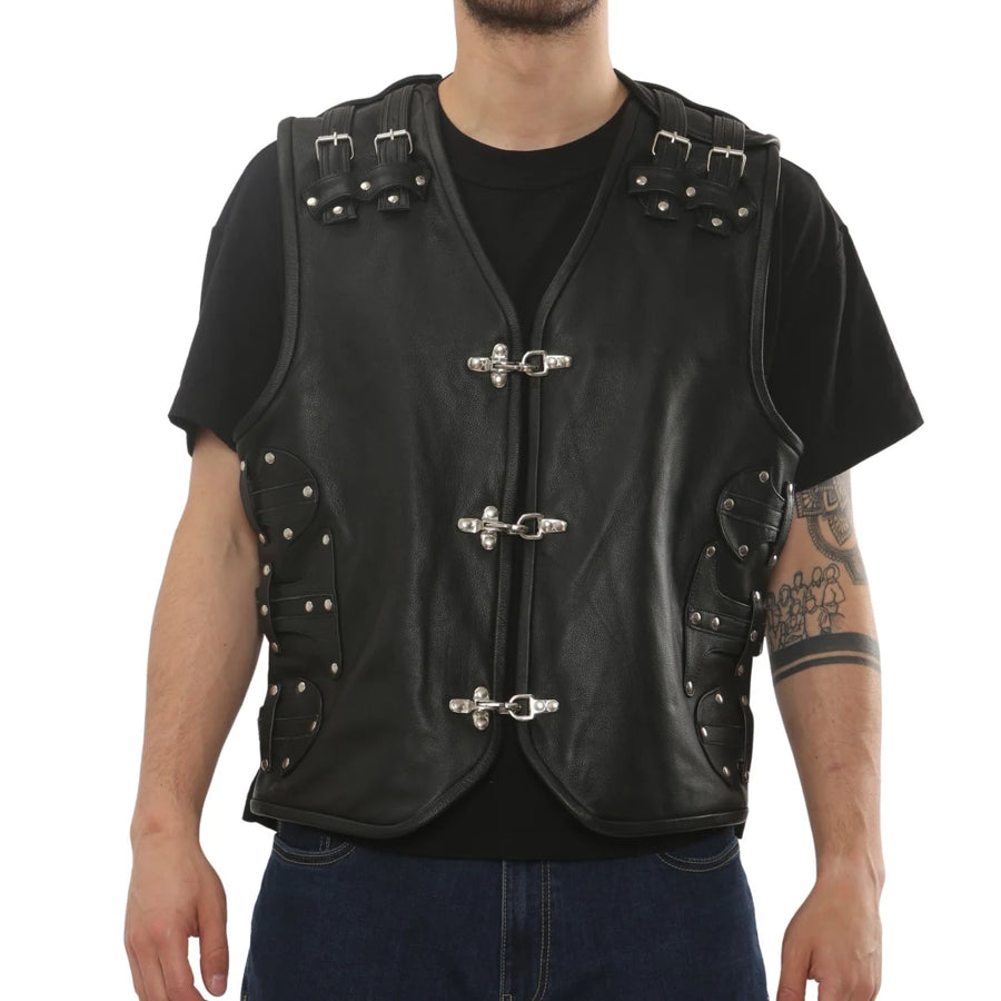 Men's Leather Motorcycle Vest Black Biker Waistcoat-TruClothing