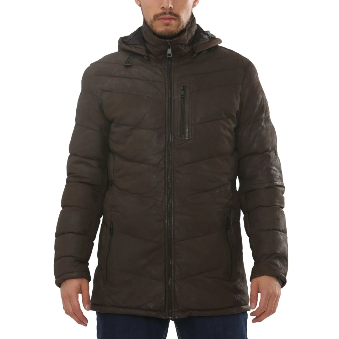 Men's Leather Puffer Jacket Hooded Quilted Winter Coat-TruClothing