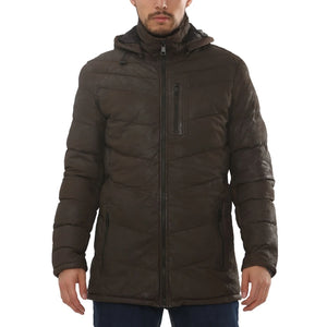 Men's Leather Puffer Jacket Hooded Quilted Winter Coat-TruClothing