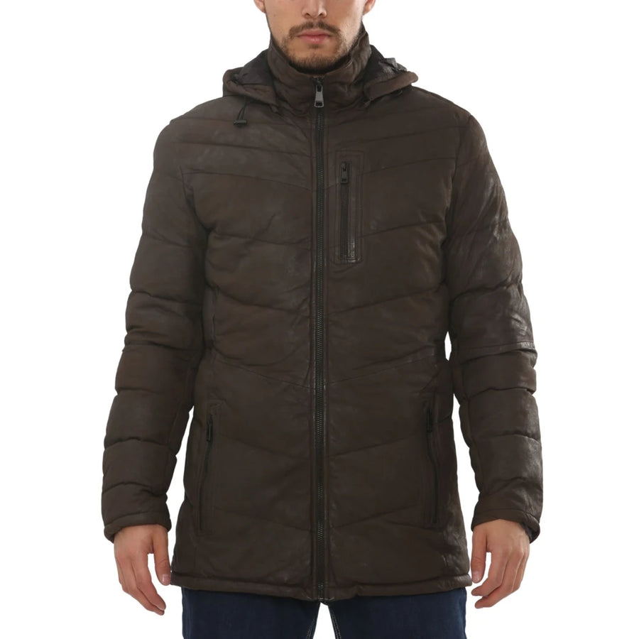 Men's Leather Puffer Jacket Hooded Quilted Winter Coat-TruClothing