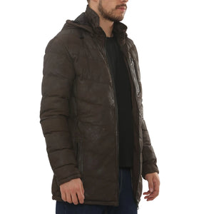 Men's Leather Puffer Jacket Hooded Quilted Winter Coat-TruClothing
