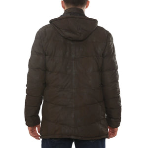 Men's Leather Puffer Jacket Hooded Quilted Winter Coat-TruClothing