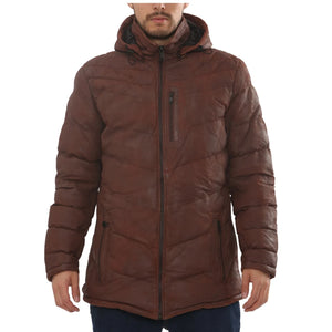 Men's Leather Puffer Jacket Hooded Quilted Winter Coat-TruClothing