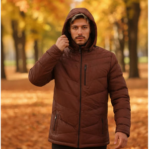 Men's Leather Puffer Jacket Hooded Quilted Winter Coat-TruClothing