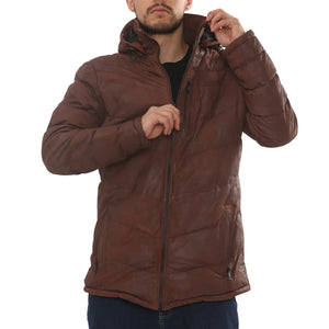Men's Leather Puffer Jacket Hooded Quilted Winter Coat-TruClothing