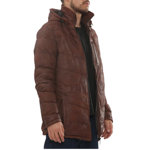 Men's Leather Puffer Jacket Hooded Quilted Winter Coat-TruClothing