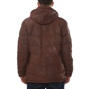 Men's Leather Puffer Jacket Hooded Quilted Winter Coat-TruClothing