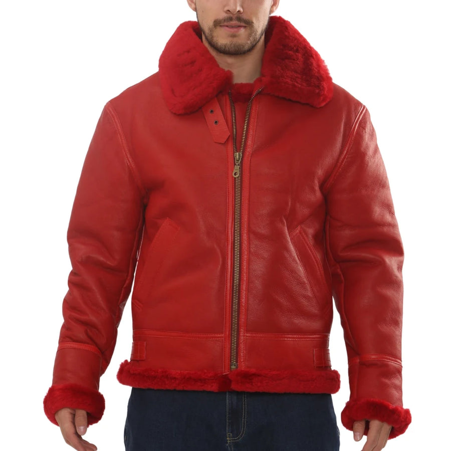 Men's Red Shearling B3 Bomber Leather Jacket-TruClothing