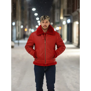 Men's Red Shearling B3 Bomber Leather Jacket-TruClothing