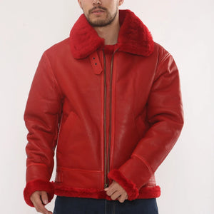 Men's Red Shearling B3 Bomber Leather Jacket-TruClothing