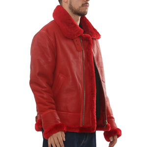 Men's Red Shearling B3 Bomber Leather Jacket-TruClothing