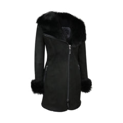 Ladies 3/4 Genuine Sheepskin Coat Black Soft Suede Outer Fitted Merino