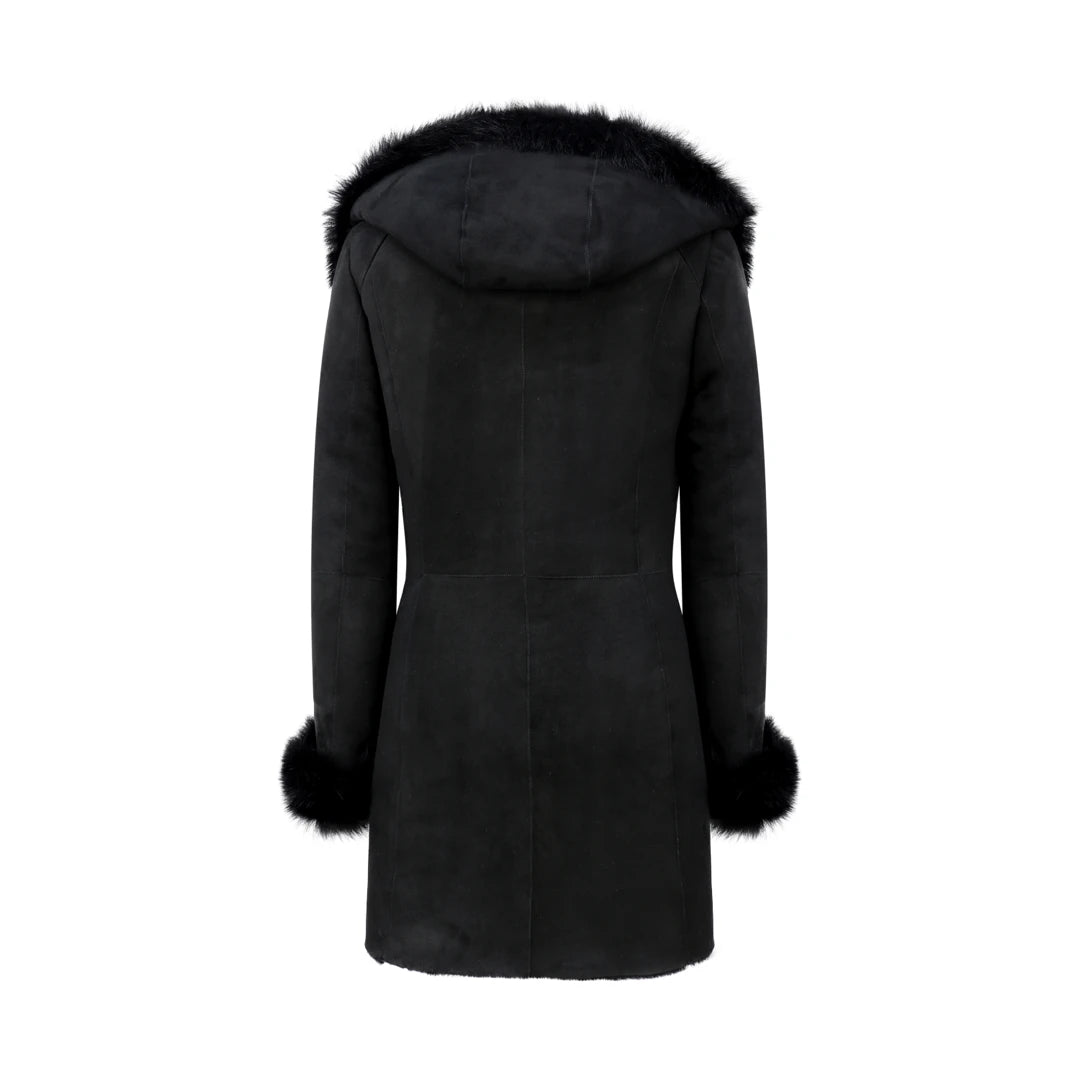 Manteau femme longueur 3/4 peau de mouton noire douce retournée véritable coupe ajustée