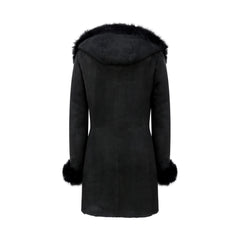 Manteau femme longueur 3/4 peau de mouton noire douce retournée véritable coupe ajustée