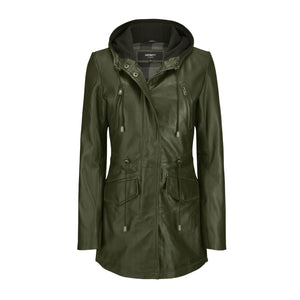 Women's Leather Peacoat Hooded Parka Jacket Navy Blue Brown-TruClothing