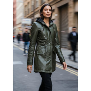 Women's Leather Peacoat Hooded Parka Jacket Navy Blue Brown-TruClothing