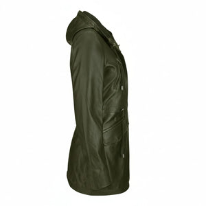 Women's Leather Peacoat Hooded Parka Jacket Navy Blue Brown-TruClothing