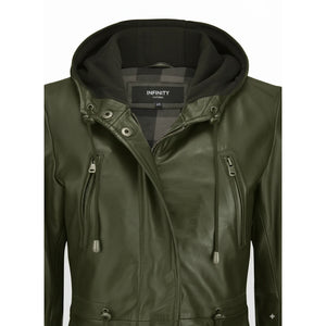 Women's Leather Peacoat Hooded Parka Jacket Navy Blue Brown-TruClothing