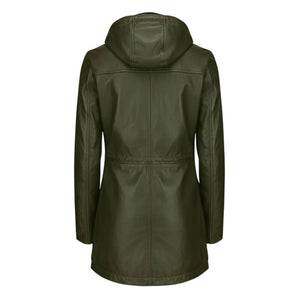 Women's Leather Peacoat Hooded Parka Jacket Navy Blue Brown-TruClothing