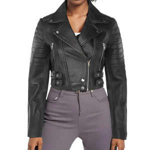 Women's Real Leather Short Cropped Length Biker Jacket-TruClothing