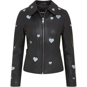 Women's Real Leather Shirt Collar Heart Print Jacket-TruClothing
