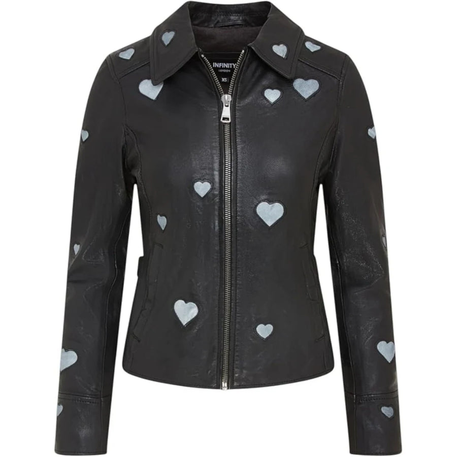 Women's Real Leather Shirt Collar Heart Print Jacket-TruClothing
