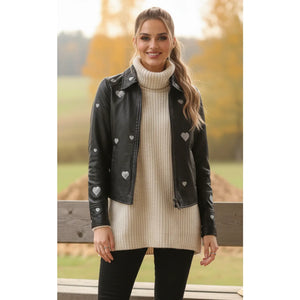 Women's Real Leather Shirt Collar Heart Print Jacket-TruClothing