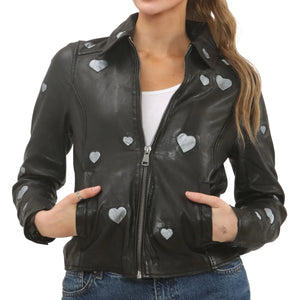 Women's Real Leather Shirt Collar Heart Print Jacket-TruClothing
