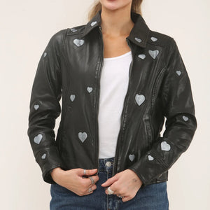Women's Real Leather Shirt Collar Heart Print Jacket-TruClothing