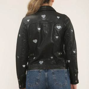 Women's Real Leather Shirt Collar Heart Print Jacket-TruClothing