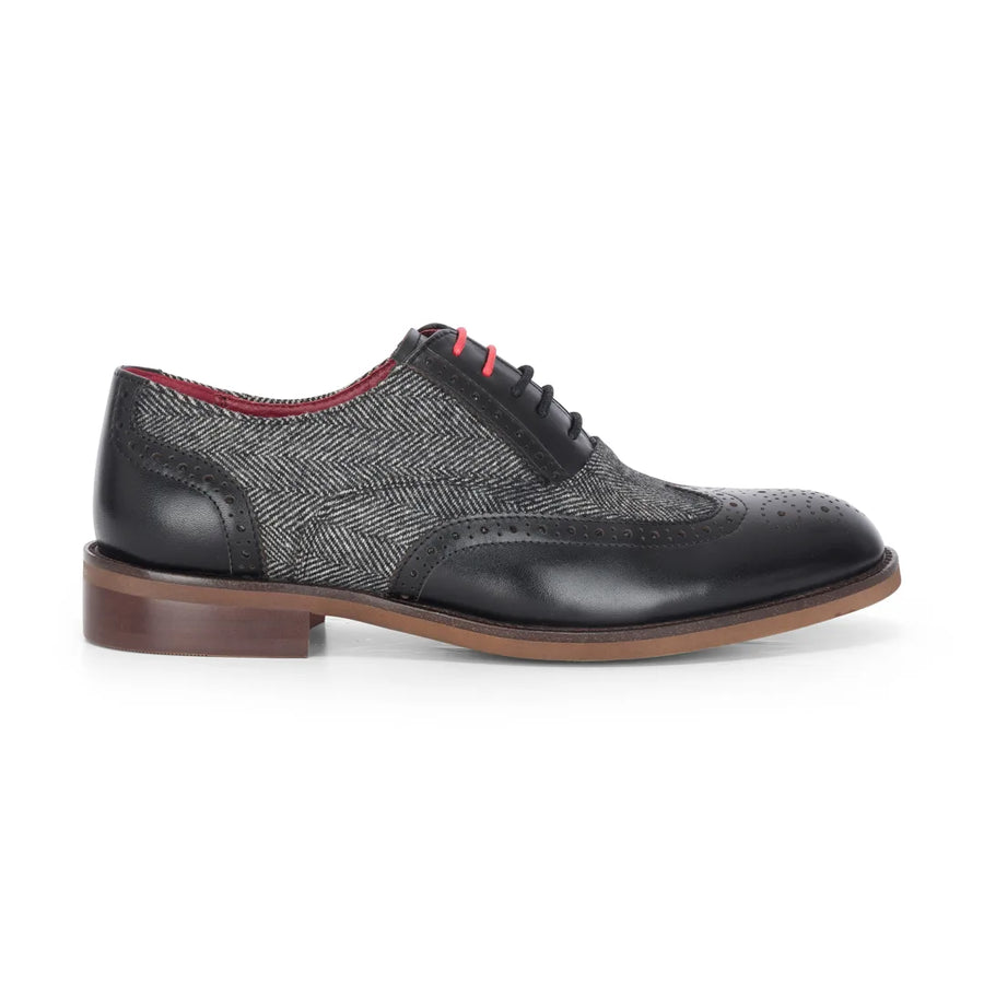 Albert - Men's Black Leather Tweed Detailing Brogue Shoes-TruClothing