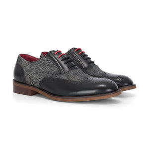Albert - Men's Black Leather Tweed Detailing Brogue Shoes-TruClothing
