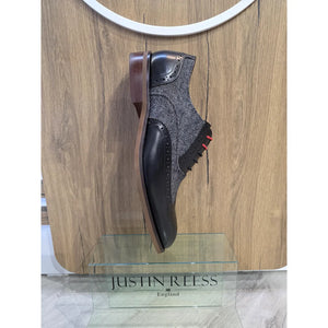 Albert - Men's Black Leather Tweed Detailing Brogue Shoes-TruClothing