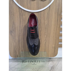 Albert - Men's Black Leather Tweed Detailing Brogue Shoes-TruClothing