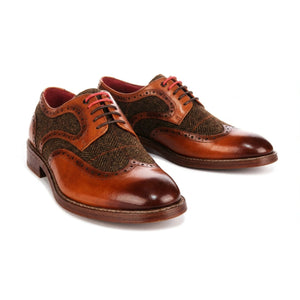 Arlo - Men's Tan Leather Tweed Brogue Shoes