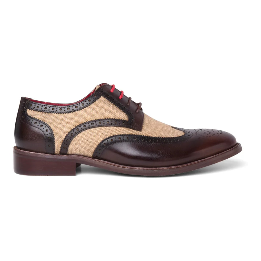 Cole - Men's Brown Leather Canvas Detailing Brogue Shoes-TruClothing