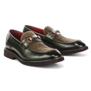 Tristian - Men's Green Leather Herringbone Tweed Loafers