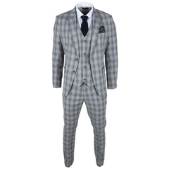 Knight - Men's 3 Piece Grey Blue Checked Suit