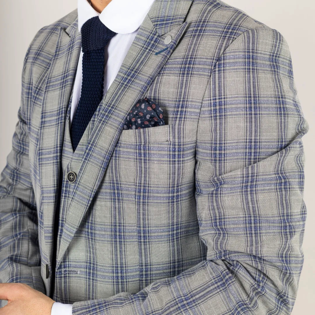 Knight - Men's 3 Piece Grey Blue Checked Suit