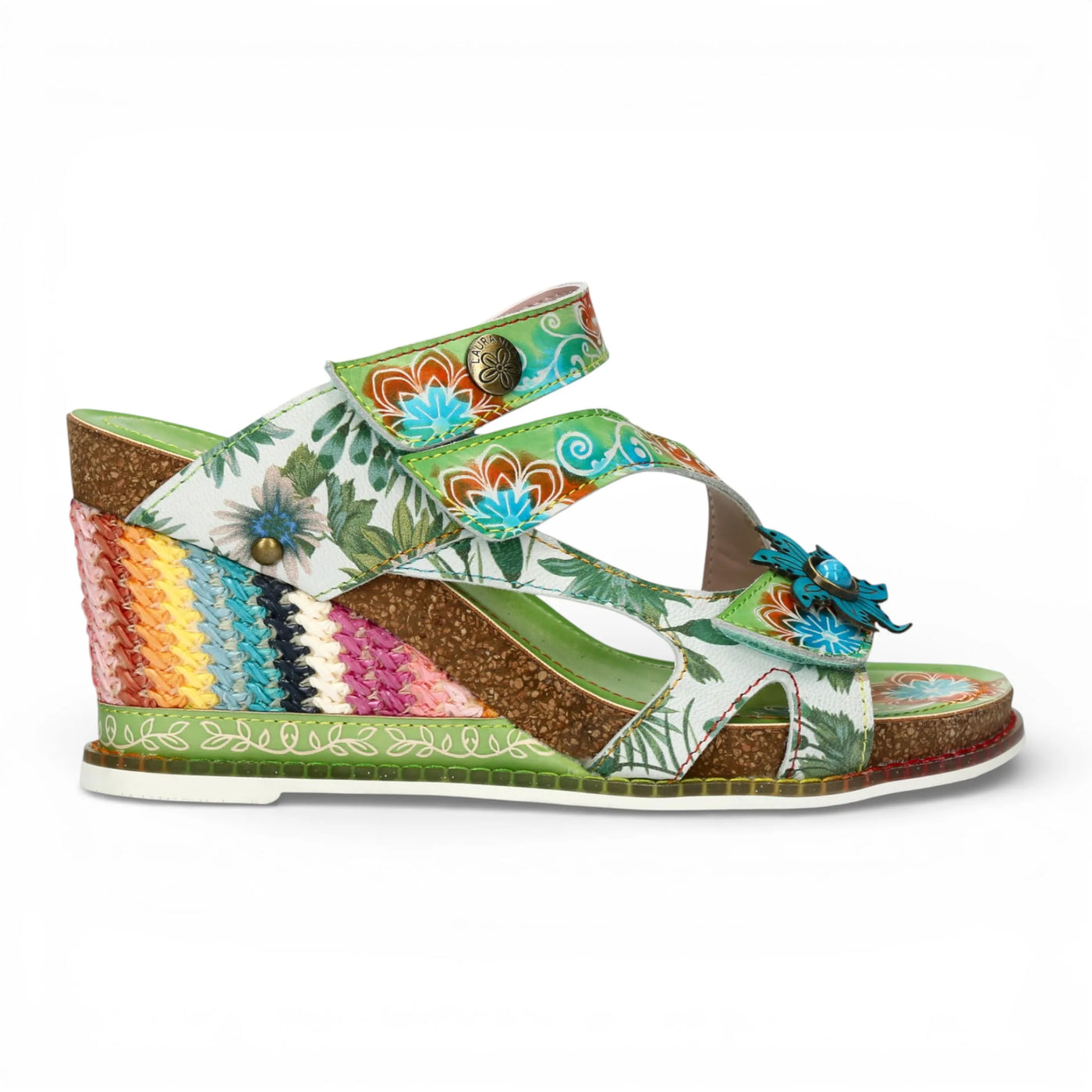 Balade 32 - Women's Vert Green Floral Leather Wedge Sandals