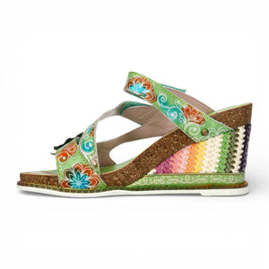 Balade 32 - Women's Vert Green Floral Leather Wedge Sandals